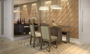 sala de jantar com espelho grande e aparador suspenso