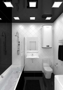 Tipos de revestimento e aplicação diferentes: porcelanato brilhante no piso e azulejos na diagonal na parede
