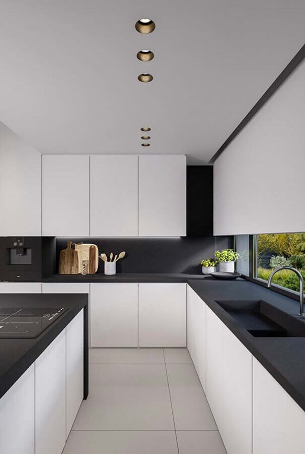 Decoração minimalista com armário de cozinha preto e branco planejado